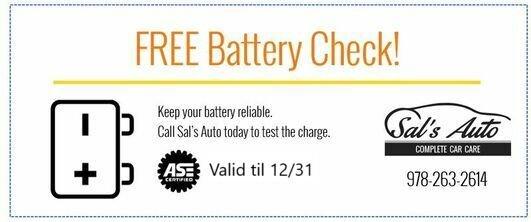 Car Slow to turnover? Sal's will perform a FREE Battery Check! Call for appointment. MENTION OFFER.