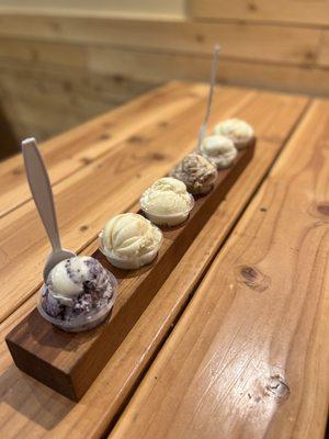 Ice cream flight (Blueberry Cheesecake, Sweet Sonoran Dessert, Ooey Gooey Buttercake, Mississippi Mudpie, Triple Play, Bourbon Brittle)