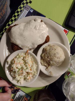 Country fried steak, mashed potatoes, cole slaw.