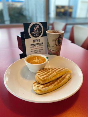 Creamy tomato & basil w/ grilled cheese special & hot nutty mocha