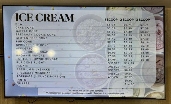 Ice cream menu