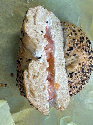 Cream cheese and tomato everything bagel. Yum!