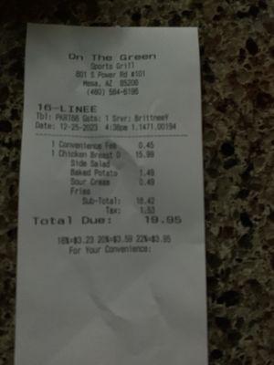 Extra charges for the baked potato and sour cream which is supposed to come with the meal?