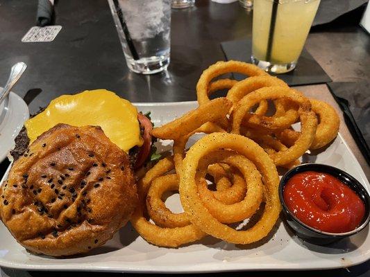 Hamburger and onion rings