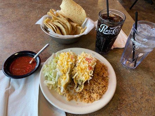 2 beef taco lunch special with rice, chips and salsa, and pepsi