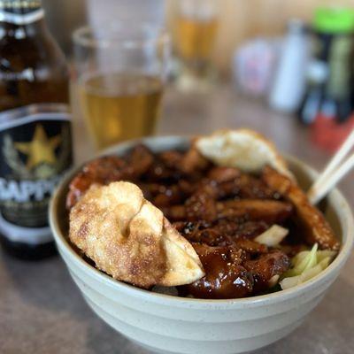 D. Hot Chicken and Gyoza Bowl & Sapporo