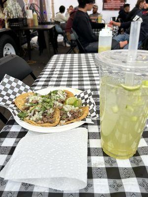 Carne asada tacos and cucumber lime agua fresca