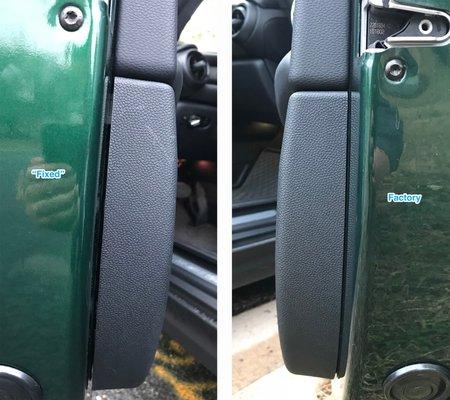 Large gap from the repair on the left as compared to the factory-installed passenger side on the right.