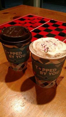 Hot chocolate topped with mint whip and candy canes! Checkers to entertain the kids :)