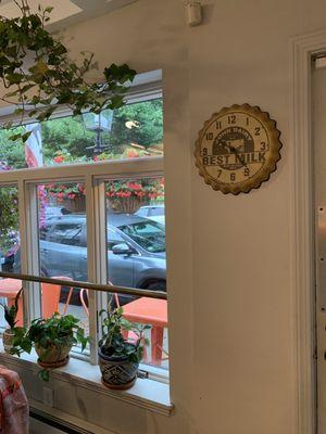 Window view on rainy summer morning