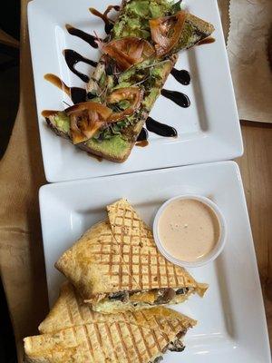 Deluxe avocado toast and bacon mushroom burrito