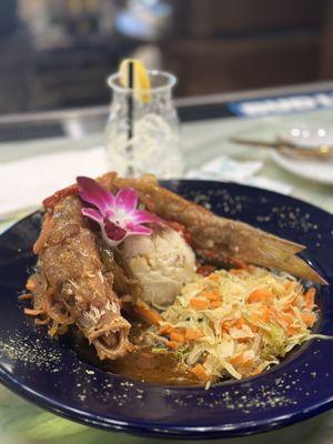 Red Snapper in Rundown sauce with mash potatoes and steamed cabbage