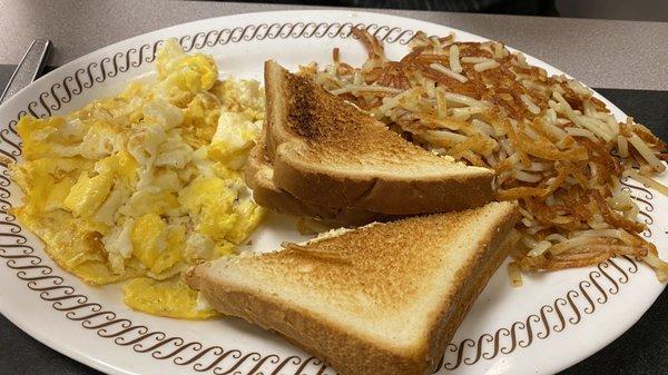 Eggs and Hash Browns w/ toast.