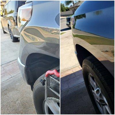 Large dent with 2 horizontal creases and scratch repair.