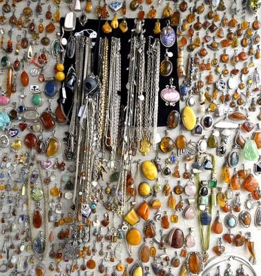 Pendants and other jewelry. Lots of amber. Nice.