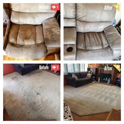 Before and after, upholstery and carpet cleaning