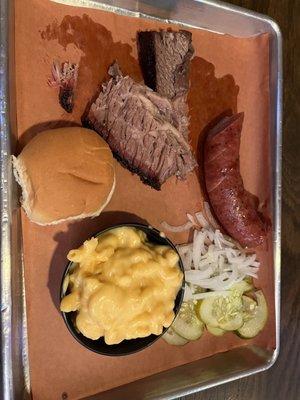 Beef Brisket Sandwich with Mac n Cheese and Sausage