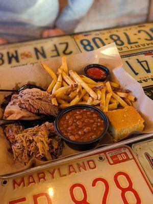 Triple meat platter with baked beans and fries yum!  We got the double brisket and pulled pork for our 3 meats