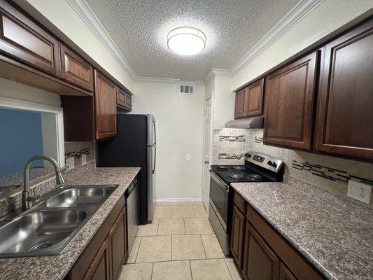 GraniteSuperDeluxe (GSD) kitchen with new cabinets, stainless appliance, tile, decorator fixtures