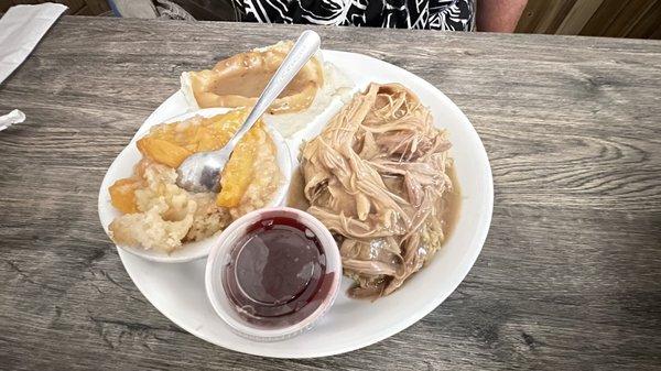 Monday Lunch Special Turkey w/ 2 sides for $12 (Mashed Potatoes with Gravy and Peach Cobbler shown) Jellied Cranberry