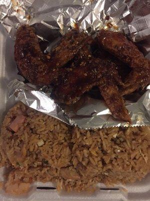 Hot teriyaki wings and home fried rice...amazing