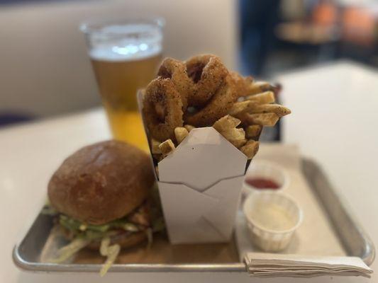 20oz beer, Chicken Club and fries and rings for $13.93 at Happy Hour! Amazing deal!