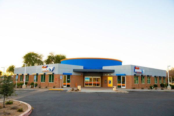 Desert Financial Credit Union's Phoenix - East Bell branch, exterior and parking lot from the main street entrance