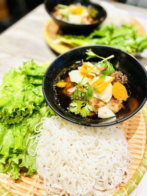 Bun Cha Ha Noi - (Hoi Noi grilled pork, vermicelli, herbs in a savory fish sauce.)