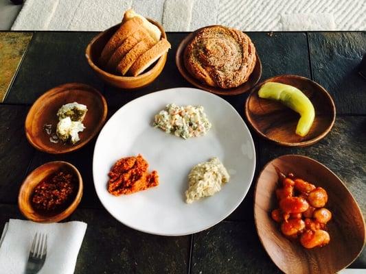 What we got from the Sevan bakery - tahini bread, chili stuffed with cheese, beans, kisir, Russian salad, and babaganus :-)