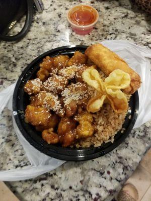 Delicious crab ragoon, eggroll, sesame chicken..