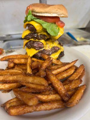 Quintuple cheeseburger basket