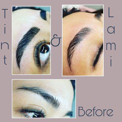 Another beautiful brow combo. Lamination on the right top corner. Tint added for enhanced full brow look on the left corner.