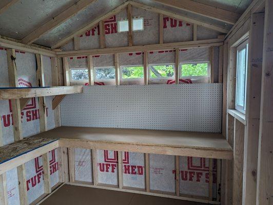 Workbench, shelves, transom windows