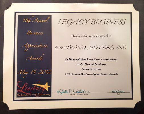 Awarded Town of Leesburg Legacy Award in 2012 for over 25 years of faithful service.