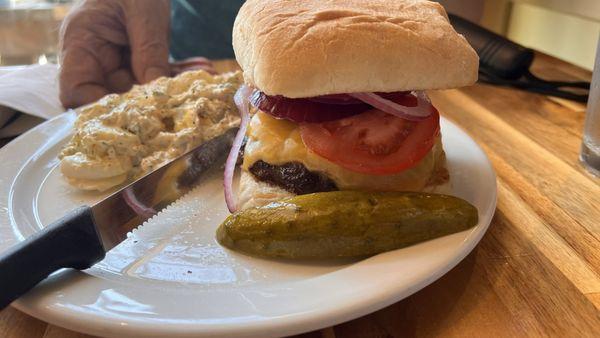 Cheeseburger with potato salad. Babe said it was almost as good as mine. Super soft chibata bun.