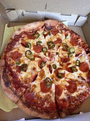 Pepperoni, jalapeños, pineapple