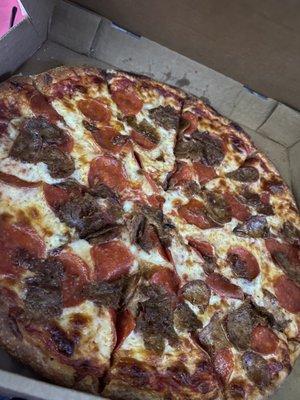 Large Pepperoni and sausage pizza