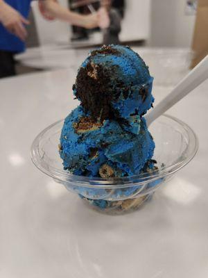 "Blue monster" - blue colored vanilla ice cream with Oreo and chocolate chip cookie pieces mixed in