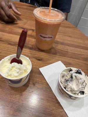 Pineapple Coconut Ice Cream, strawberry mango smoothie and Cookies and Cream Ice Cream