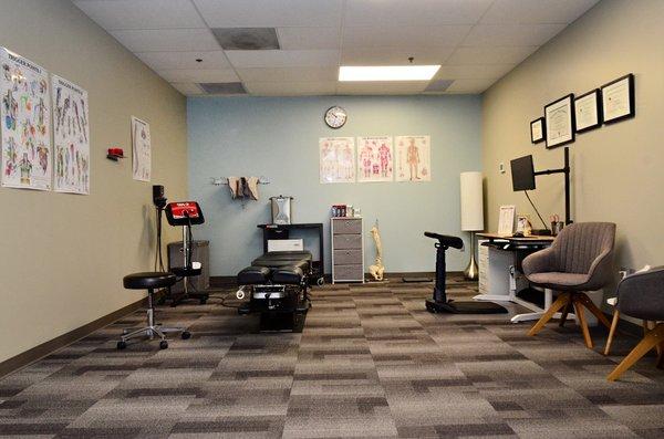 Welcome to the Treatment Room. In this space we offer manual therapy, exercise therapy, cold laser, and chiropractic manipulation.