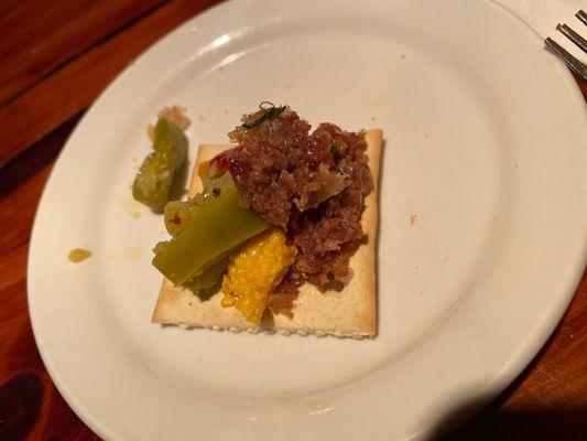 Saltine with the peppers, bacon and pimento