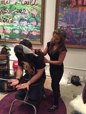 Chair Massage Treatment On-Location. Treating Vendor's audience as promotion at Pop-Up shop event.