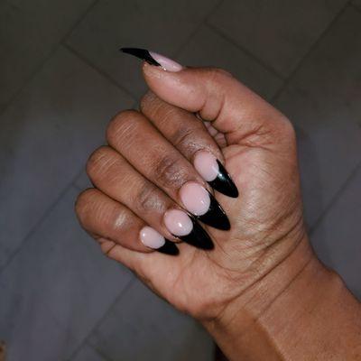 Full set pink nude acrylic with gel french in black. I love them!