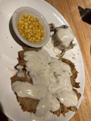 Chicken Fried Steak with corn and mashed potatoes