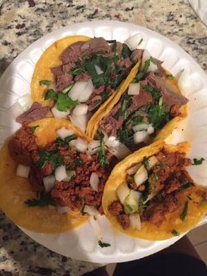 Top tacos are lengua bottom 2 are pastor all on corn tortillas.