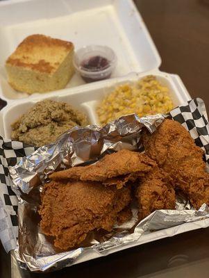 Fried Chicken (3 PC) with Corn Bread Dressing, Southern Fried Corn and Cornbread