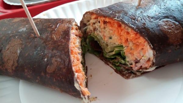 Tempeh salad wrap on pumpernickel hits the spot!