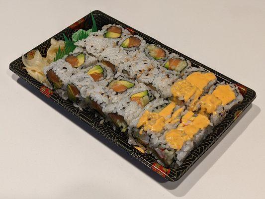 Sushi Rolls: Avocado Salmon, Alaska, Spicy California