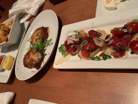 Calamari, crab cake, and bruschetta