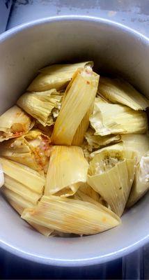 Tamales: we offer pork, chicken and rajas. Rajas comes with cheese tomato and jalapeño